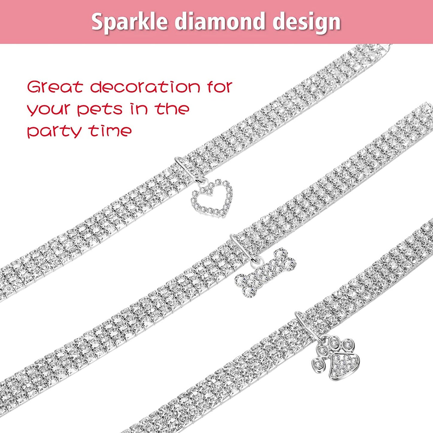 3-Piece Glitter Rhinestone Pet Collars – Fashion Crystal Pendant Necklaces for Cats & Small Dogs (White)
