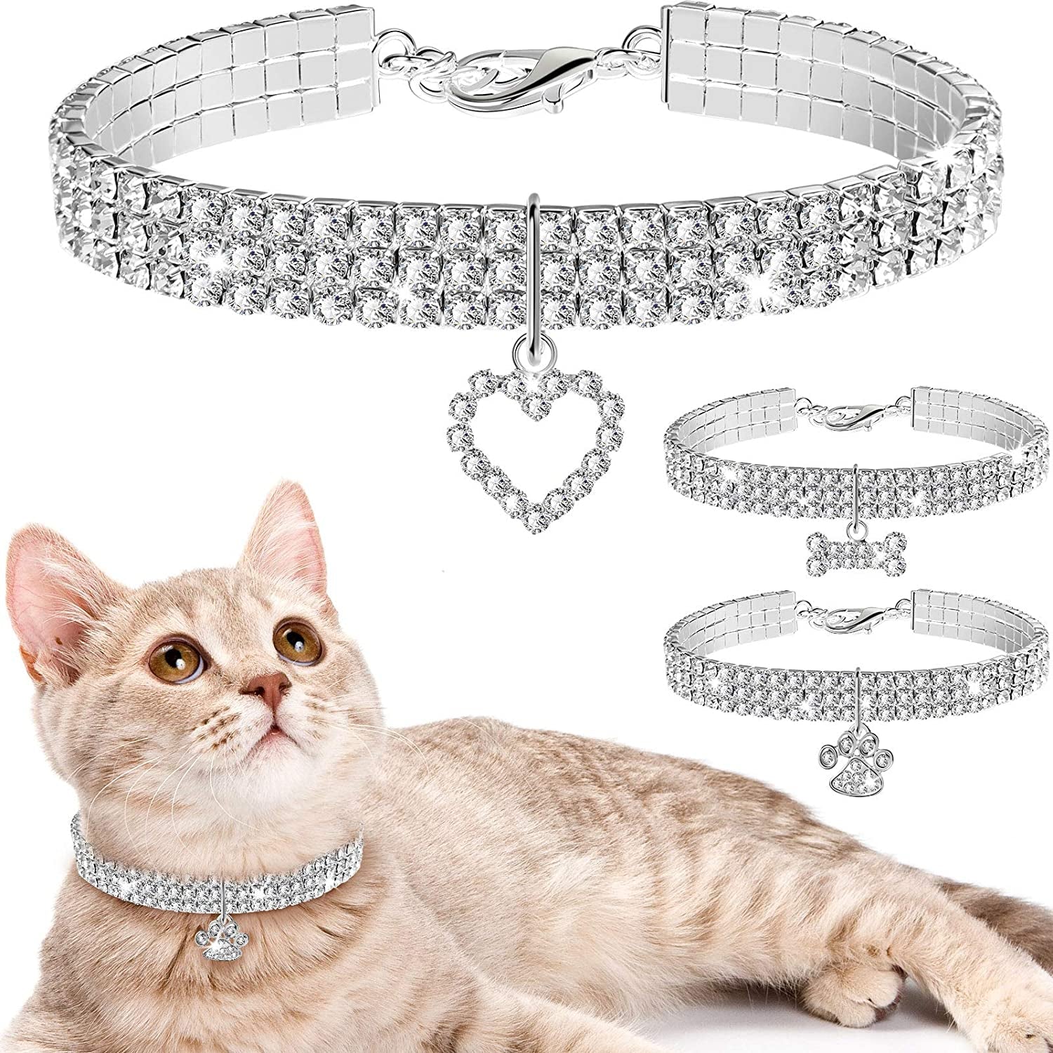 3-Piece Glitter Rhinestone Pet Collars – Fashion Crystal Pendant Necklaces for Cats & Small Dogs (White)