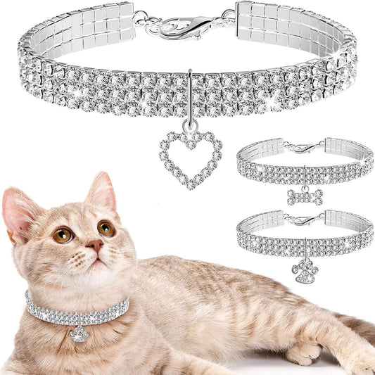 3-Piece Glitter Rhinestone Pet Collars – Fashion Crystal Pendant Necklaces for Cats & Small Dogs (White)