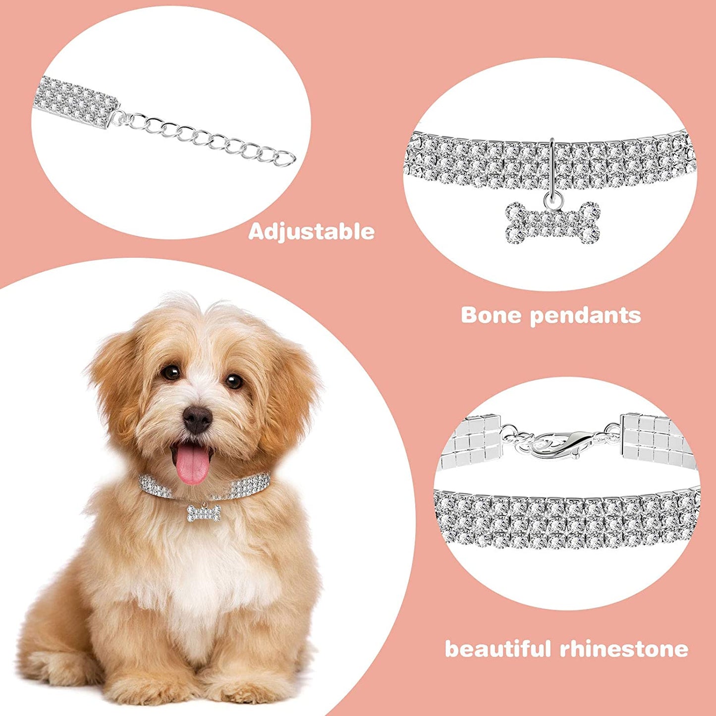 3-Piece Glitter Rhinestone Pet Collars – Fashion Crystal Pendant Necklaces for Cats & Small Dogs (White)