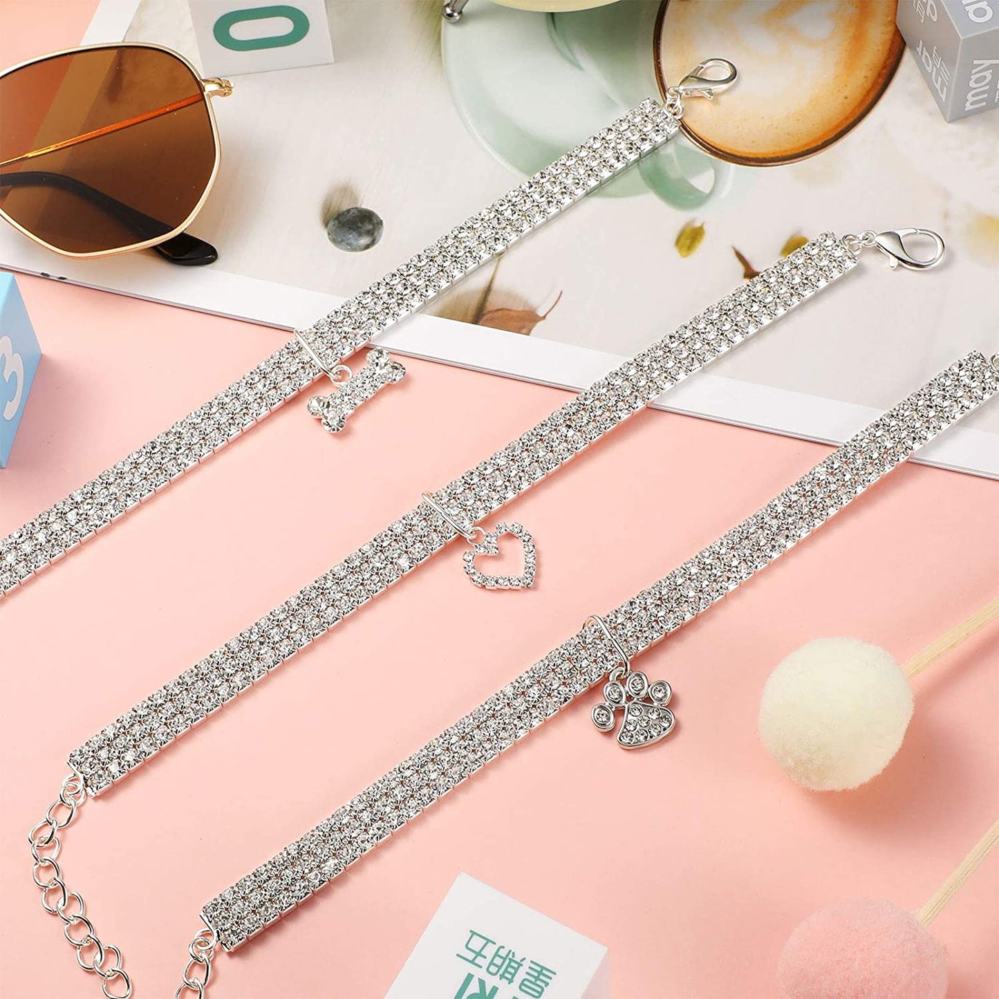 3-Piece Glitter Rhinestone Pet Collars – Fashion Crystal Pendant Necklaces for Cats & Small Dogs (White)