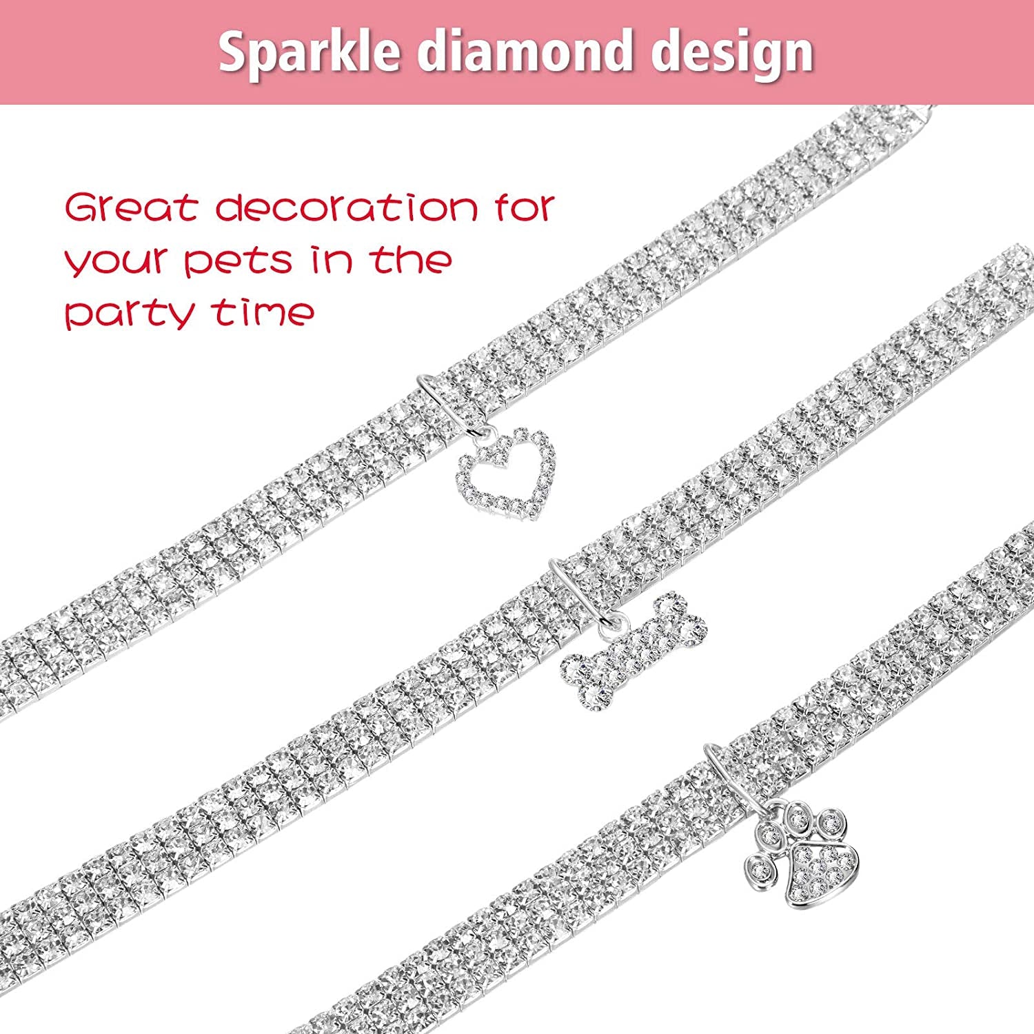 3-Piece Glitter Rhinestone Pet Collars – Fashion Crystal Pendant Necklaces for Cats & Small Dogs (White)